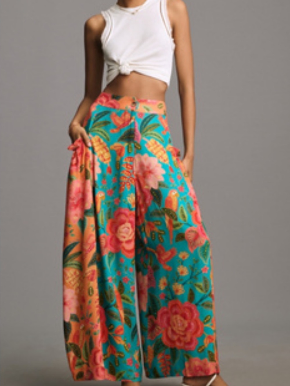 FARM Rio Turquoise Wide-Leg Floral Drawstring Pants